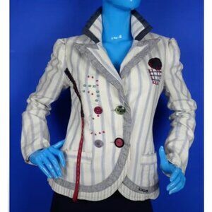 RARE DESIGUAL Fitted Striped Boho Blazer Jacket Embroidery Bead Applique Puffed